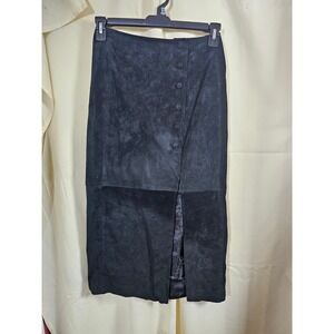 M.J. Carroll Suede Skirt Womens 9/10 Black Exc Midi Side Button Slit Vintage 90s